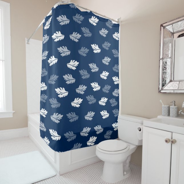 Navy Blue Antique Leaves Pattern Shower Curtain (In Situ)
