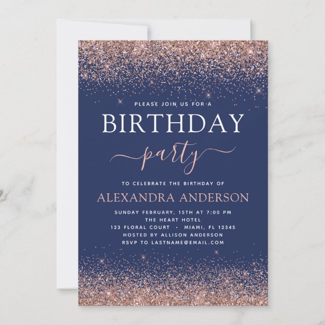 Navy Blue Any Age Birthday Rose Gold Pink Glitter Invitation (Front)