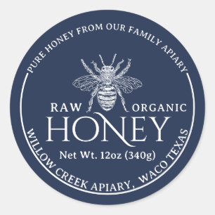 Navy Blue Apiary Bee Raw Organic Honey Jar Label