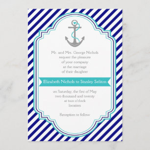 Navy blue, aqua anchor & stripes nautical wedding invitation