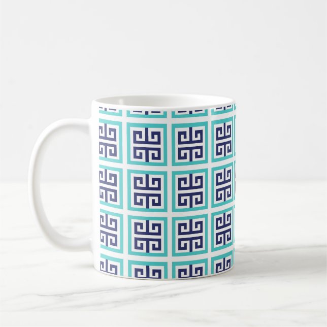 Navy Blue Aqua Greek Pattern Coffee Mug (Left)