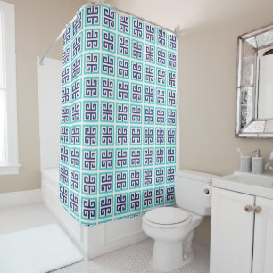 Navy Blue Aqua Greek Pattern Shower Curtain