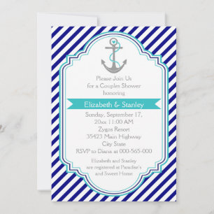 Navy blue, aqua nautical couples wedding shower invitation