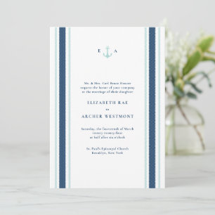 Navy Blue Aqua Nautical Stripes Coastal Wedding Invitation