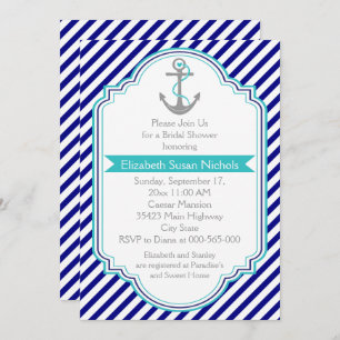 Navy blue, aqua nautical wedding bridal shower invitation