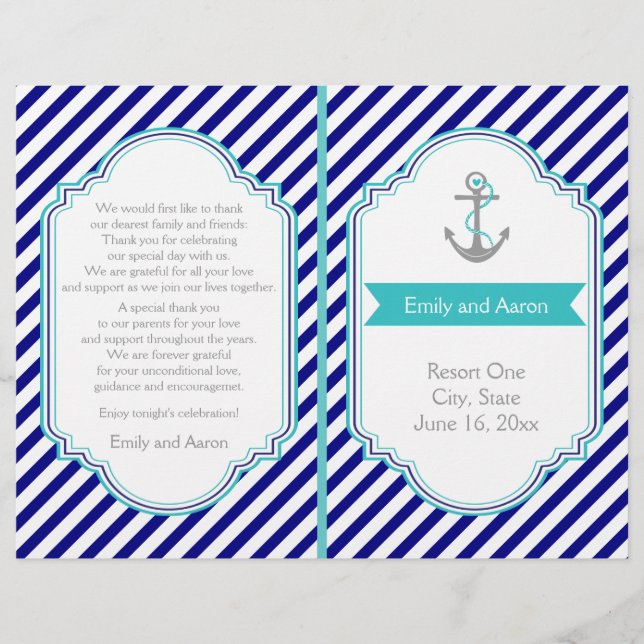 Navy blue, aqua nautical wedding program (Front)