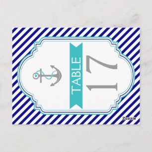 Navy blue, aqua nautical wedding table number postcard