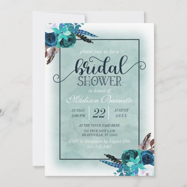 Navy Blue Aqua Watercolor Bridal Shower Invitation (Front)