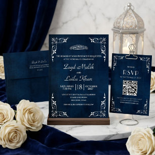 Navy Blue Arabesque Muslim Wedding Invitation