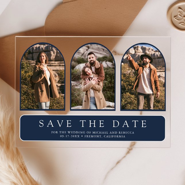 Navy Blue Arch 3 Photo Wedding Save the Date Acrylic Invitations (Creator Uploaded)
