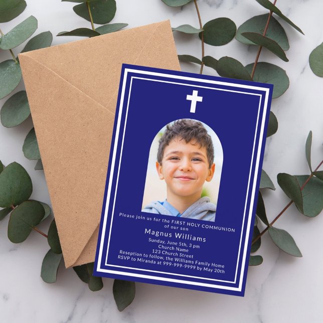 Navy blue arch photo boy First Holy Communion Invitation (Creator Uploaded)