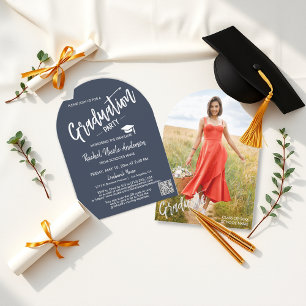 Navy Blue Arch Photo Grad Invitation