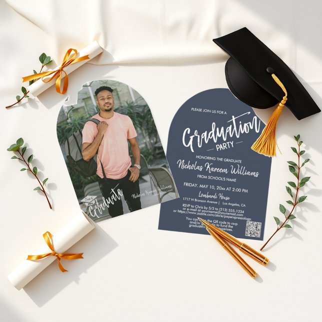 Navy Blue Arch Photo Graduation Party QR Code Invitation (Creator Uploaded)