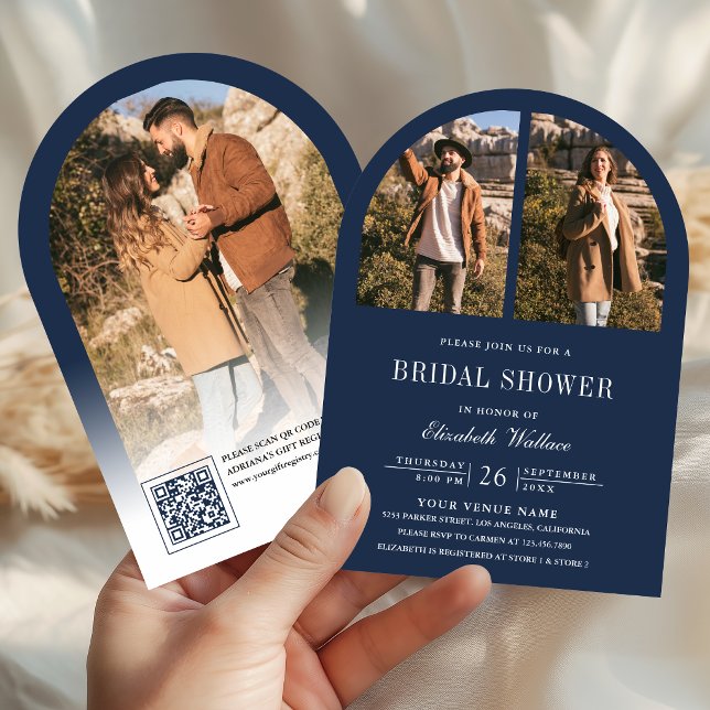 Navy Blue Arch Photo QR Code Bridal Shower Invitation (Creator Uploaded)
