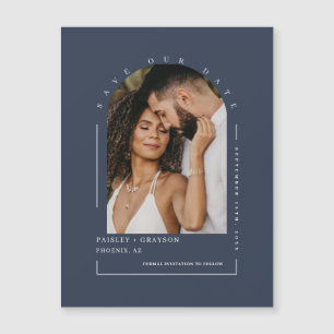 Navy Blue Arch Photo Save Our Date Magnetic Card