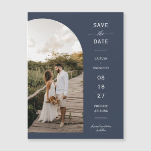 Navy Blue Arch Photo Save the Date Magnetic Card