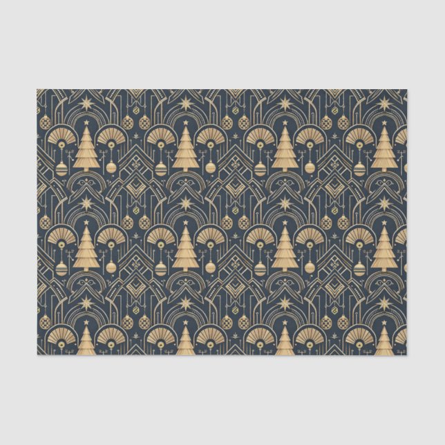 Navy Blue Art Deco Christmas Tree Pattern Tissue Paper (Front)