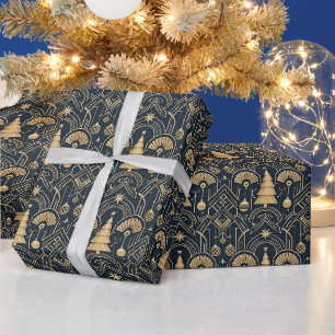 Navy Blue Art Deco Christmas Tree Pattern Wrapping Paper