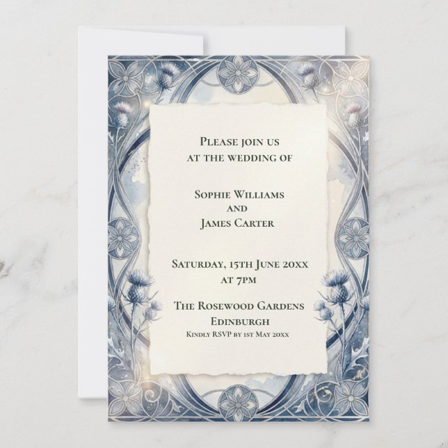 Navy Blue Art Deco Floral Wedding Invitation (Front)