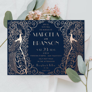 Navy Blue Art Deco Peacocks Wedding Rose Gold