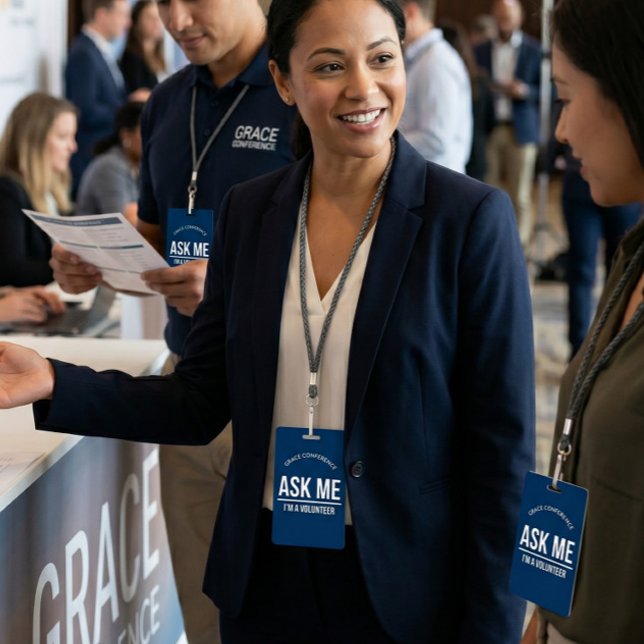 Navy Blue Ask me I'm a volunteer id badge (Creator Uploaded)