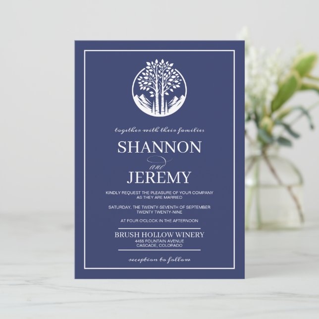 Navy Blue Aspen Tree Wedding Invitation (Standing Front)