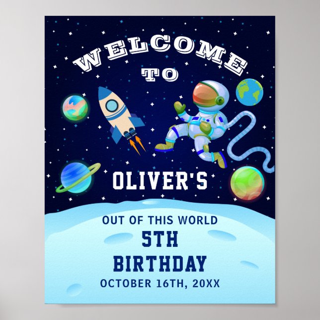 Navy Blue Astronaut Outer Space Birthday Party Poster (Front)