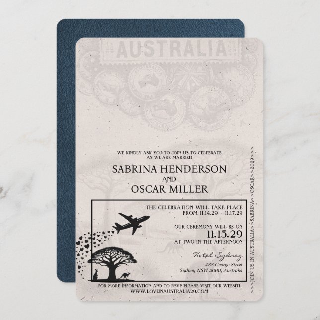 Navy Blue Australia Passport Wedding Invitation (Front/Back)