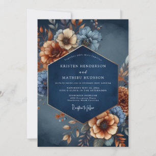 Navy Blue Autumn Floral Romance Wedding Invitation