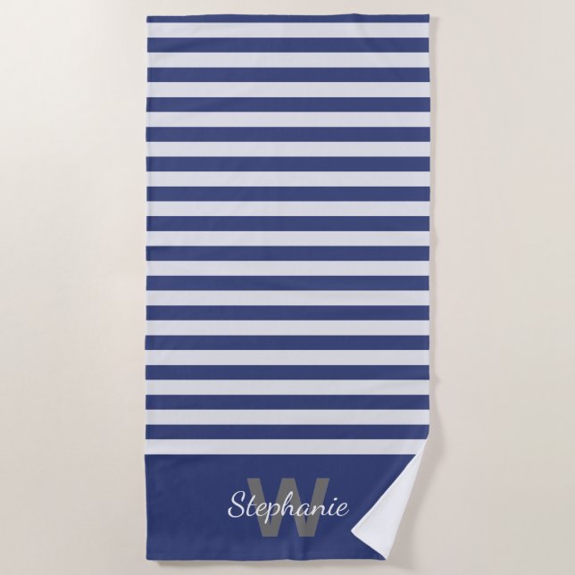 Navy blue awning stripe with personalisation  beach towel (Front)