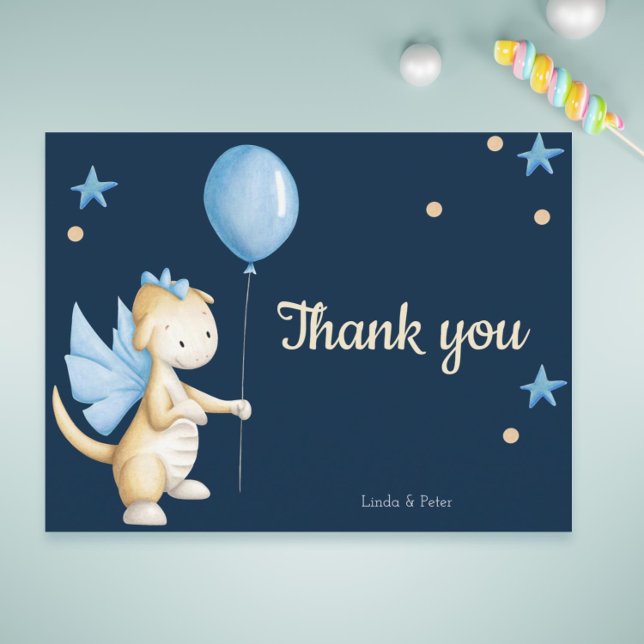 Navy Blue Baby Dragon Thank You Baby Shower Postcard (Cute personalized thank you dragon baby shower postcard )