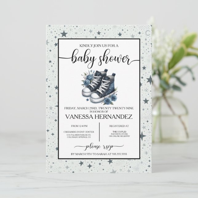 Navy Blue Baby High Tops Baby Shower Invitation (Standing Front)