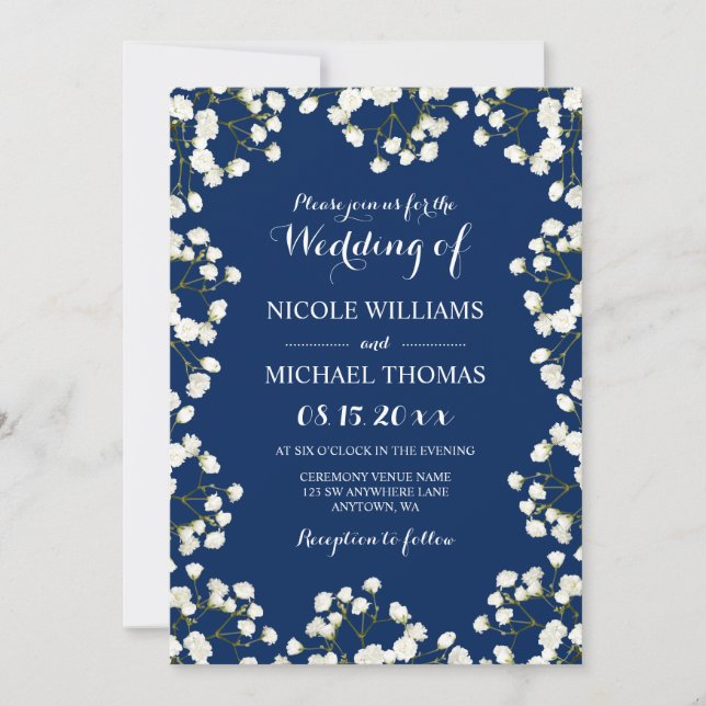 Navy Blue Baby's Breath Border Wedding Invitations (Front)