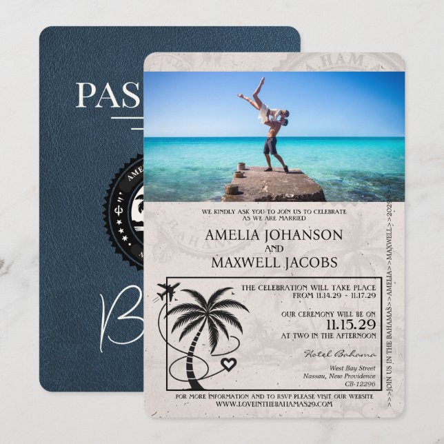 Navy Blue   Bahamas Passport Wedding Invitation (Front/Back)