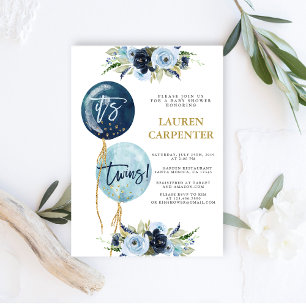 Navy blue balloon baby shower Twins boys Invitatio Invitation