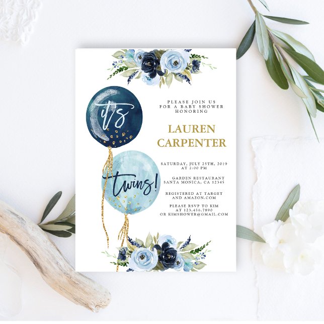 Navy blue balloon baby shower Twins boys Invitatio Invitation (Creator Uploaded)
