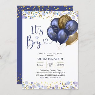Navy Blue Balloon It's a Boy Baby Shower Invitation