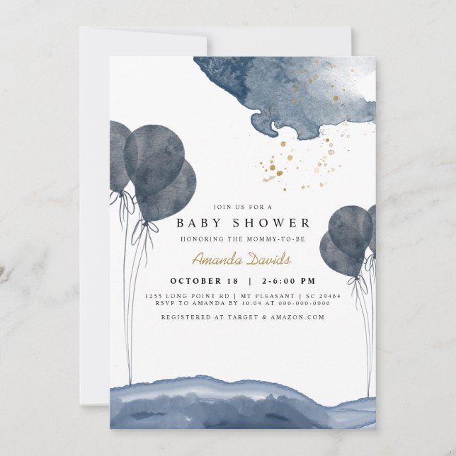 Navy Blue Balloon Watercolor Boho Baby Shower Invitation (Front)
