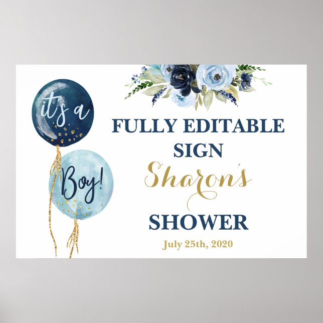 Navy Blue balloons baby shower boy sign (Front)