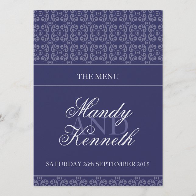 Navy blue banded metallic wedding dinner menu (Front)