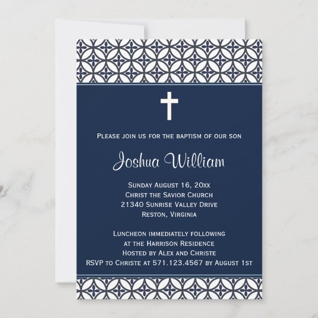 Navy Blue Baptism Christening Invitation (Front)