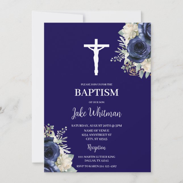 Navy blue Baptism Invitation (Front)