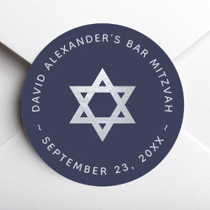 Navy Blue Bar Mitzvah - Faux Silver Star of David Classic Round Sticker