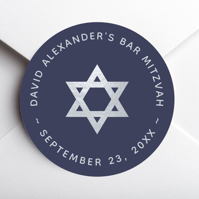 Navy Blue Bar Mitzvah - Faux Silver Star of David Classic Round Sticker (Creator Uploaded)