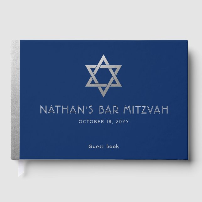 Navy Blue Bar Mitzvah Silver Star of David Custom Guest Book (Front)