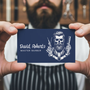 Navy Blue Barber Skull Professional Hair Stylist Business Card