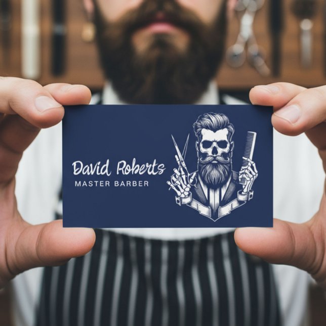 Navy Blue Barber Skull Professional Hair Stylist Business Card (Creator Uploaded)