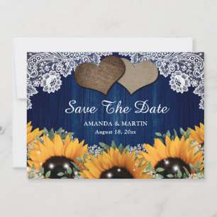 Navy Blue Barn and Sunflower Save The Date Cards