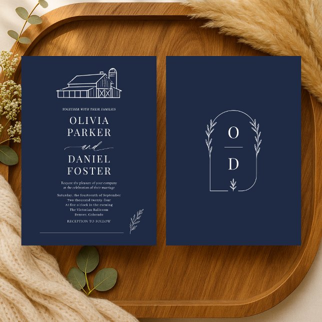 Navy Blue Barn Farmhouse Line Art Wedding Invitation (Creator Uploaded)