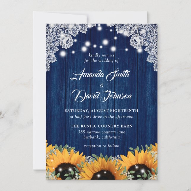 Navy Blue Barn Lace Sunflower Wedding Invitation (Front)